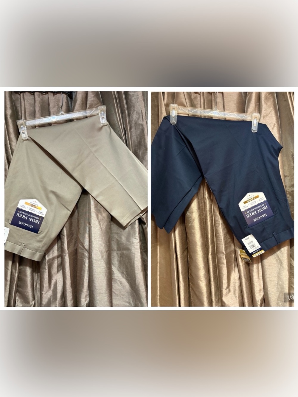 (2 Pair) Haggar Men’s Flat Front Dress Pants — Khaki & Navy 36/30 1846/48